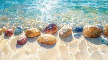 Colorful stones on the beach in sunny day. 3d renderingの素材