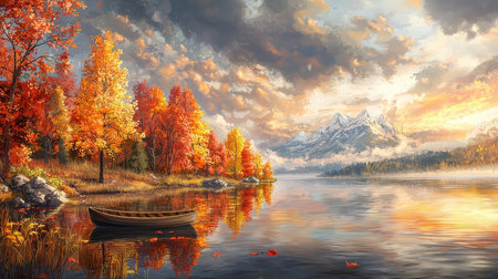 Beautiful autumn landscape with lake, mountains and boat. Digital paintingの素材