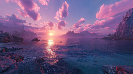 Beautiful sunset over the sea. Panorama. 3d renderingの素材