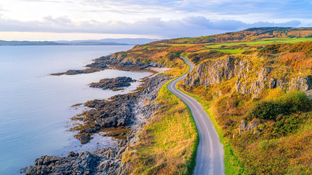 Aerial view of a road running through the cliffs on the north coast of Scotlandの素材