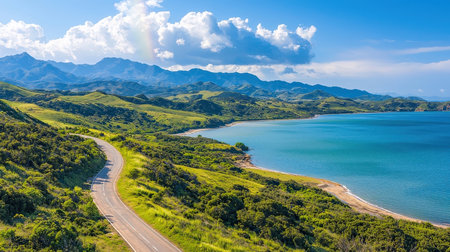 Aerial view of a road leading to the sea and mountains.の素材