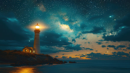Lighthouse at night with starry sky. 3D rendering.の素材