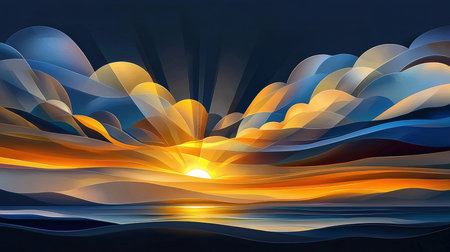 abstract background with blue and orange waves and sun in the skyの素材