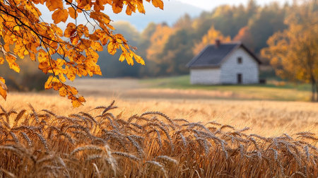 Autumn landscape with wheat field and old house in the background.の素材
