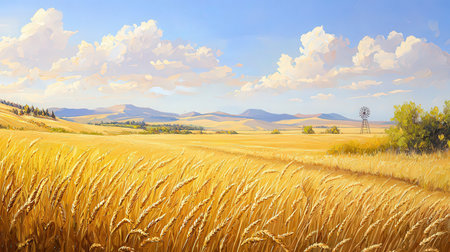 Wheat field in the sunny day. Rural landscape. 3d renderingの素材