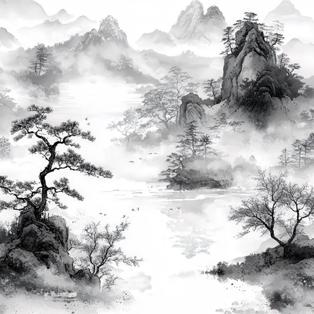 Watercolor landscape with mountains, trees and lake. Hand drawn illustrationの素材