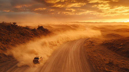 Off road car in the desert at sunset time, 3d renderingの素材