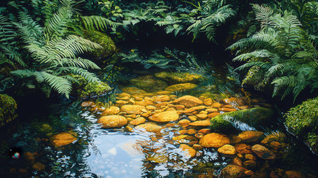 Small stream in the tropical garden with moss and ferns.の素材