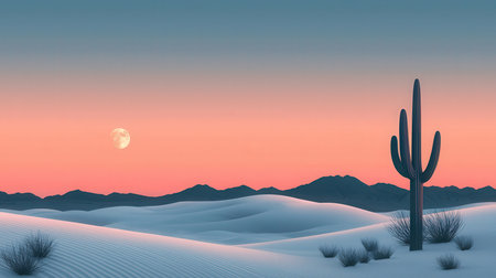 Desert landscape with cactus and sand dunes at sunsetの素材