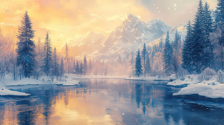 Fantastic winter landscape with snowy mountains and blue lake. Artistic paintingの素材