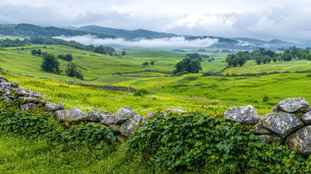 Landscape view of lily field with stone wall in the morningの素材