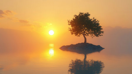 Lonely tree in the sea at sunset. 3d renderの素材