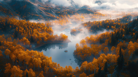 Foggy autumn landscape with lake in the mountains. Aerial viewの素材