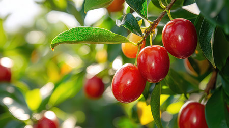 Fresh cornel berries on the tree in the garden, close upの素材