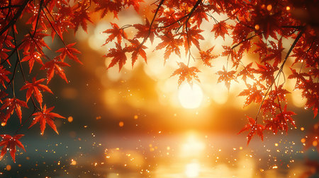Maple leaves in autumn with sunbeams. Nature background.の素材