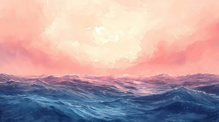 Sea water with waves and sunset sky. 3d rendering illustration.の素材