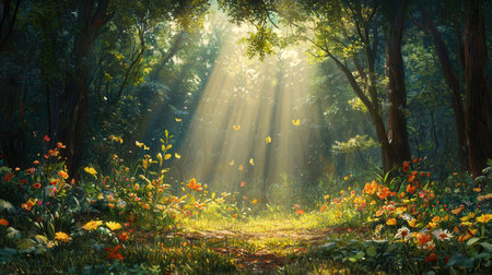 Sunlight in the morning in the forest.3d render.の素材