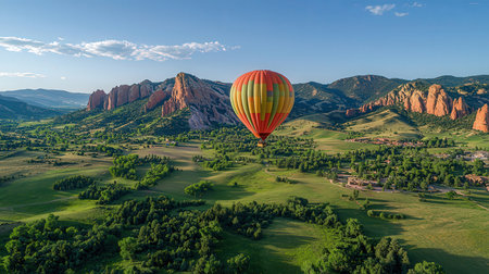 Colorful hot air balloon flying over green meadow and mountains.の素材