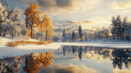 Beautiful winter landscape with frozen lake and trees on the shore.の素材