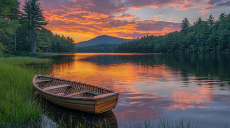 Sunset over a lake with a boat and mountains in the backgroundの素材