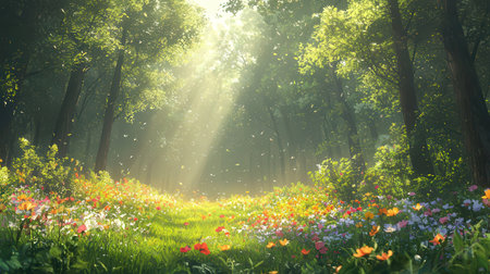 Beautiful spring garden with sun rays and bokeh effect.の素材