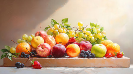 Still life with fresh fruits on a wooden tray. Toned.の素材