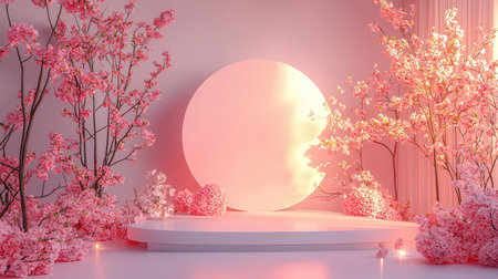 3d render of minimal product display podium with cherry blossom background.の素材
