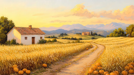 Rural landscape with farmhouse and field of wheat at sunset.の素材