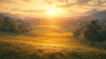 Sunset in the mountains. Beautiful landscape with meadow and mountainsの素材