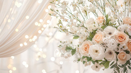 Wedding background. Beautiful bouquet of white and pink rosesの素材