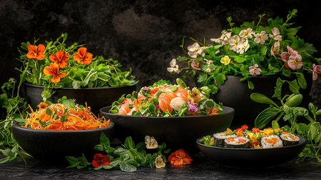 Healthy salad with edible flowers in black bowls on dark background.の素材