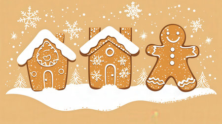 Gingerbread house and snowflakes on a beige backgroundの素材