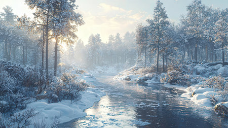 Winter landscape with a frozen river and forest in the background at sunsetの素材