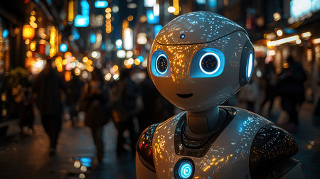 A robot is walking in the city at night.の素材