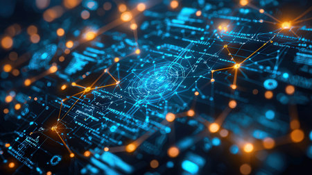 Futuristic technological background with glowing lines and dots. 3d renderingの素材