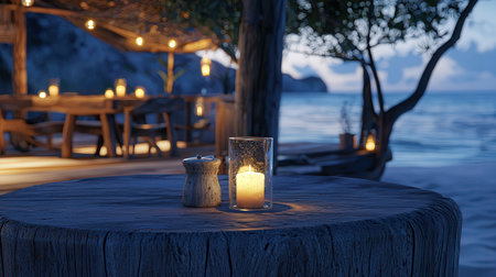 Burning candles on a wooden table on the background of the seaの素材
