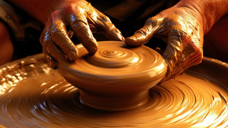 hands of a potter, creating an earthen jar on the circleの素材