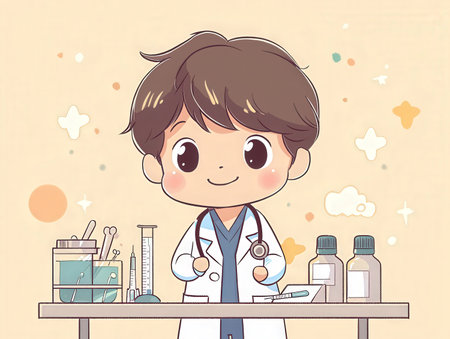 Illustration of a little boy in a lab coat holding a stethoscopeの素材