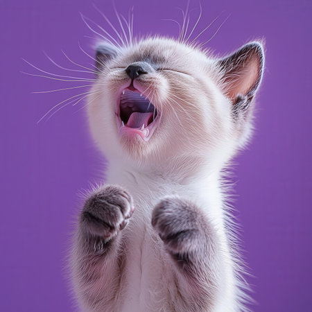 Cute little kitten yawning on purple background. Studio shot.の素材