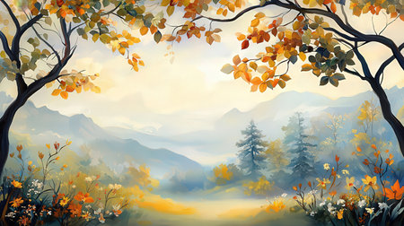 Autumn landscape with forest and fog. Digital painting. Vector illustration.の素材