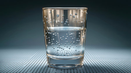 Glass of water with bubbles on a gray background. 3d renderingの素材