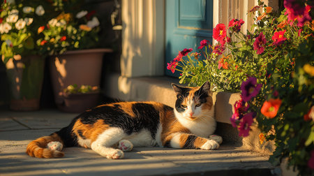 Cat lying on the porch of a house with flowers in the foregroundの素材