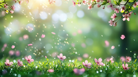 Blooming sakura flowers on green grass with bokeh backgroundの素材