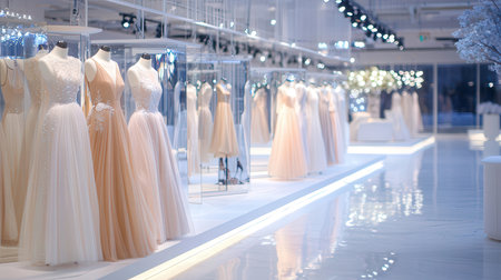 Wedding dress on hangers in the store. Blurred backgroundの素材