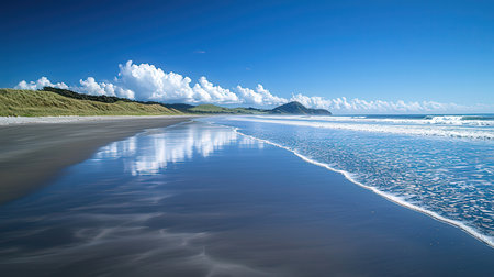 Beautiful seascape with blue sky and clouds reflected in waterの素材
