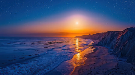 Beautiful sunset on the beach. Dramatic sky with stars.の素材