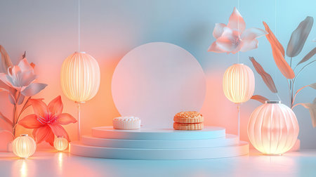 3d render of minimal product display podium, pedestal or platform with lily flower and lanternsの素材