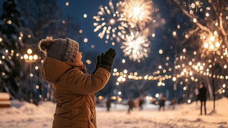 A girl in a hat and a warm jacket looks at fireworks in the winter forest.の素材