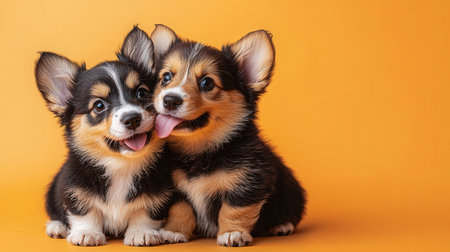 Two Welsh Corgi Pembroke puppies on orange backgroundの素材