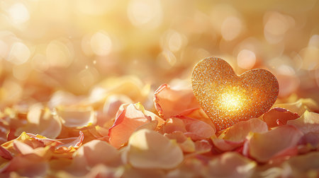 Golden heart on rose petals, valentine's day backgroundの素材